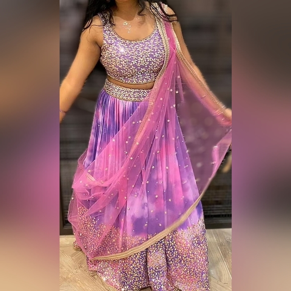 Beautiful pink and purple tie dye ready to wear Indian wedding Lehenga Choli - Picture 16 of 16